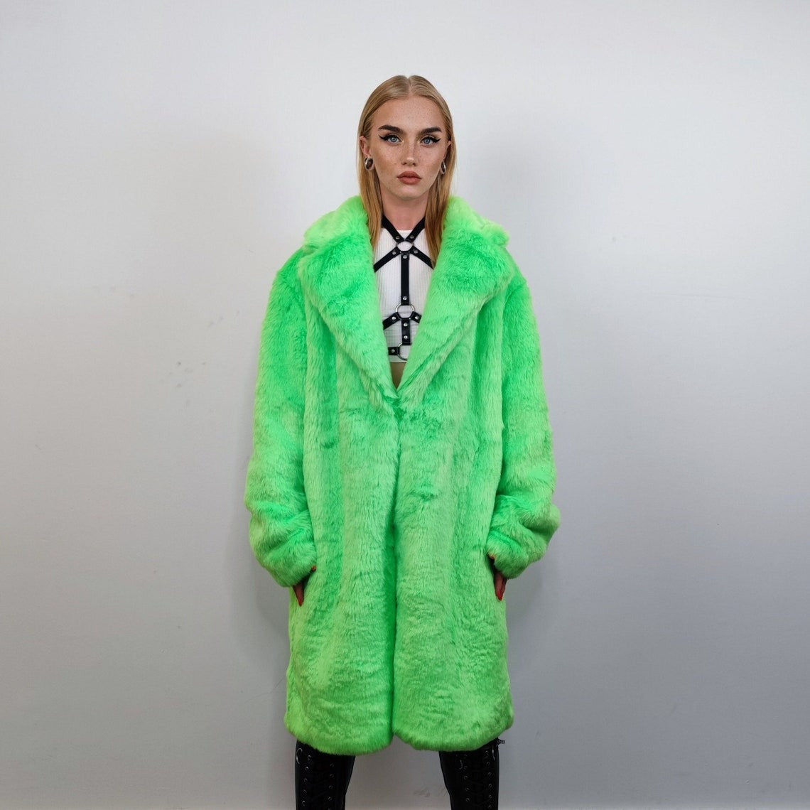 Neon faux fur longline coat shaggy trench bright raver bomber fluffy winter fleece festival jacket burning man coat in green