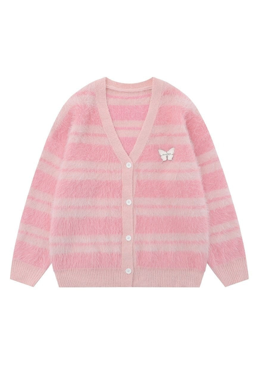 Horizontal stripe cardigan knitted jumper fluffy fleece top