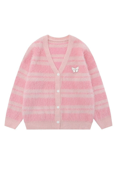 Horizontal stripe cardigan knitted jumper fluffy fleece top