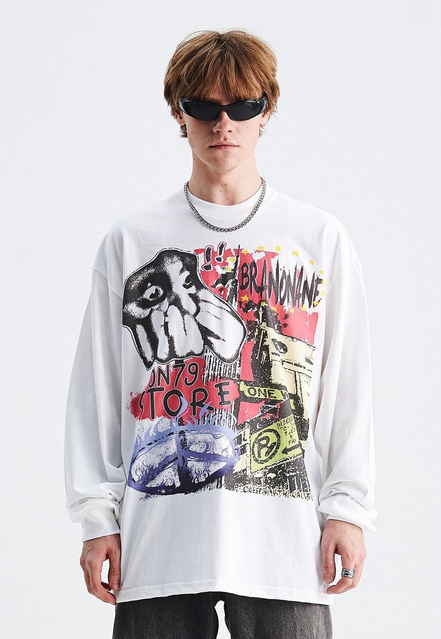 Graffiti t-shirt 80s print tee long sleeve pop art top white