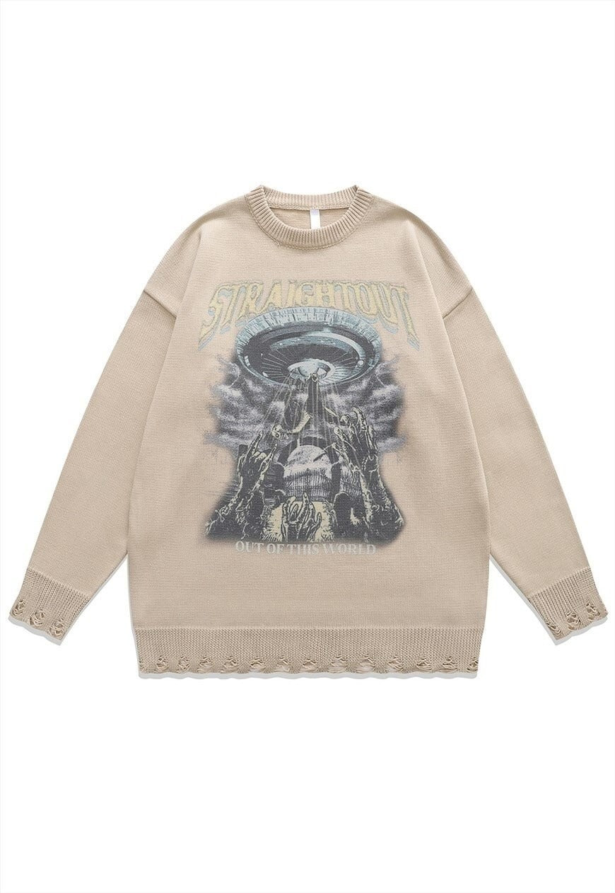 Alien zombie sweater creepy knit distressed jumper in beige