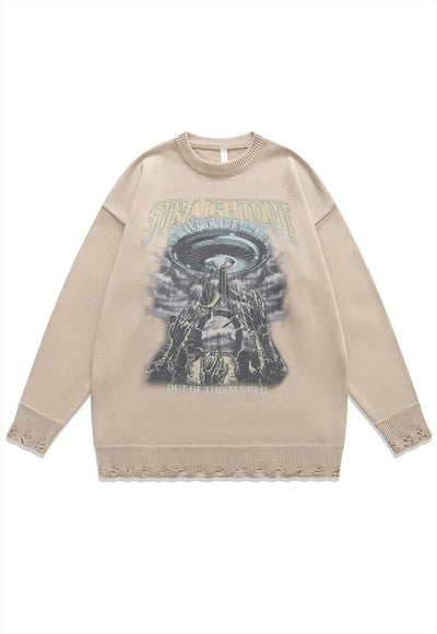 Alien zombie sweater creepy knit distressed jumper in beige