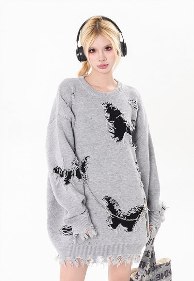 Ripped gothic sweater shredded butterfly pattern jumper grey