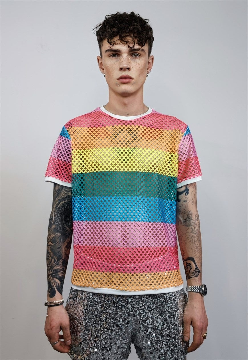 Rainbow mesh top Gay pride sheer t-shirt see-through tee