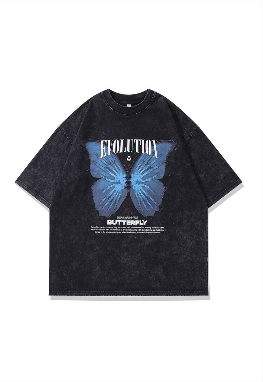 Butterfly t-shirt skeleton print tee retro grunge top grey