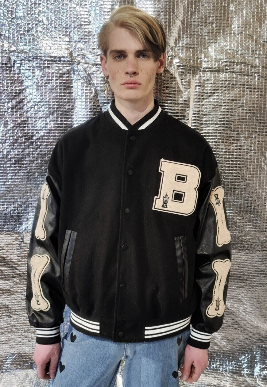 USA varsity jacket PU leather sleeve MA bones bomber black