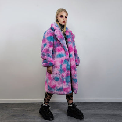 Tiedye pink fleece gradient coat long heavy trench fluorescent Barbie overcoat Ken bomber festival paint splatter jacket custom rave peacoat