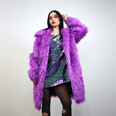 Purple haze faux fur coat long fuzzy lilac jacket Eras trench festival fluffy violet overcoat party lavender bomber neon shaggy rave mac