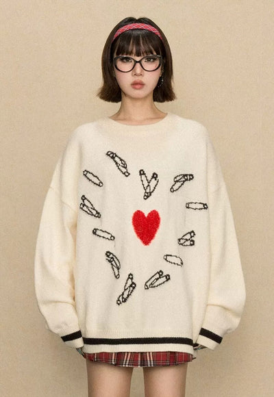 Heart sweater knitted DIY pattern jumper grunge top cream