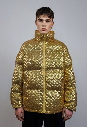 Sequin bomber jacket gold metallic embellished party puffer