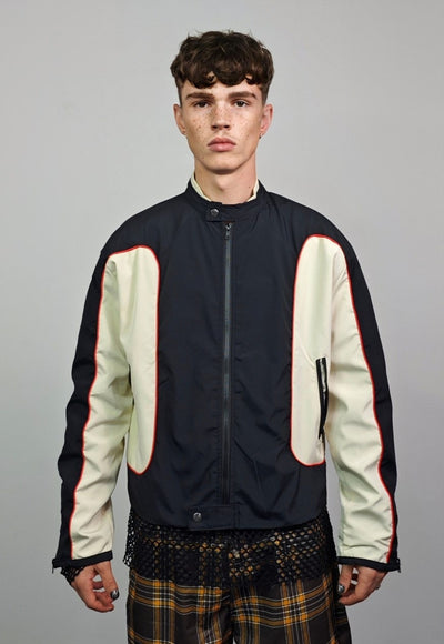 Colour block racing jacket collarless thin college bomber