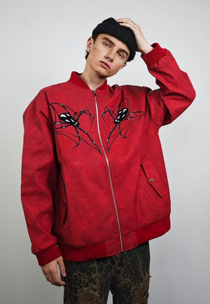 Spider patchwork jacket red faux leather punk college bomber