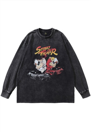 Street fighter t-shirt vintage wash racing car top long teev