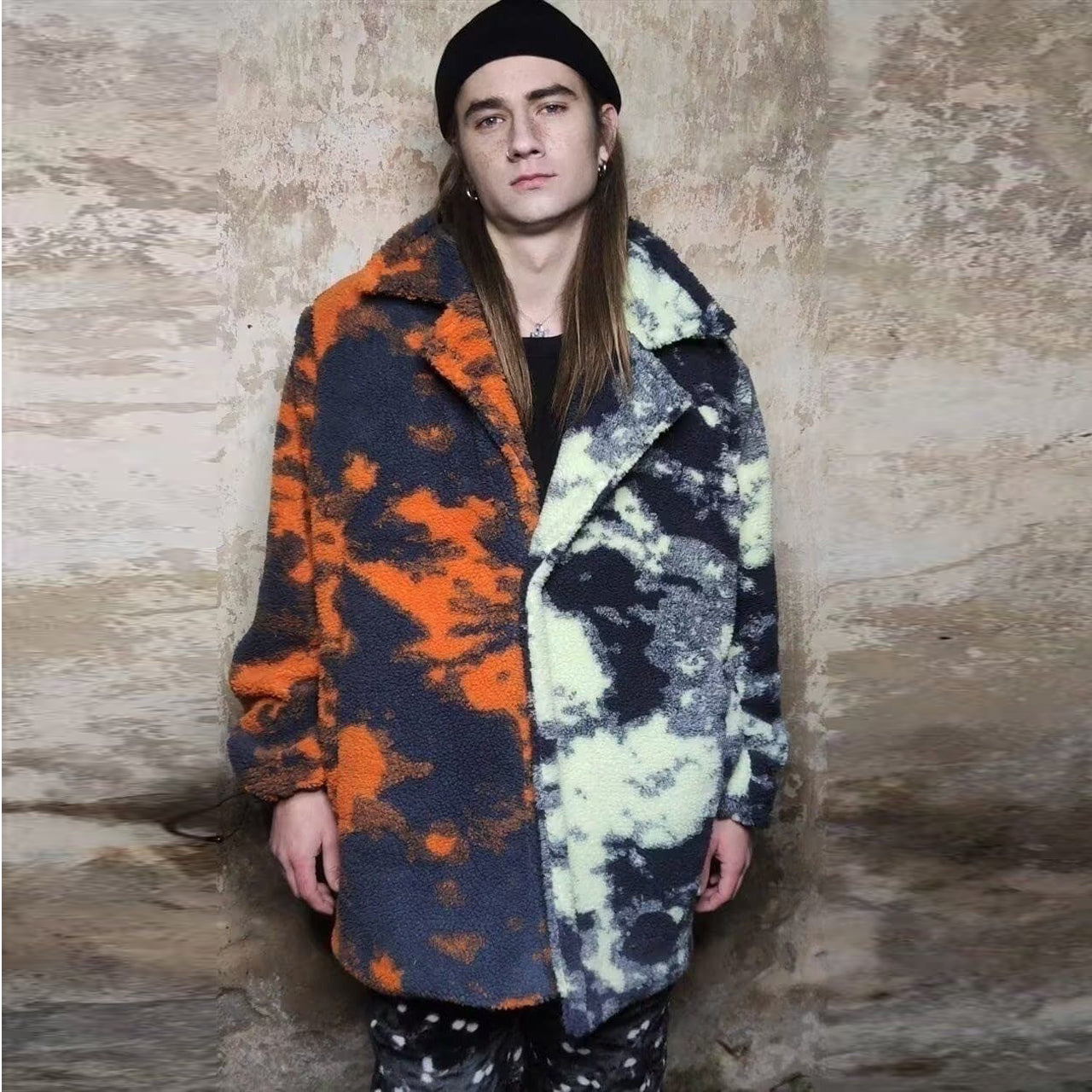 Camouflage fleece jacket handmade abstract trench retro coat