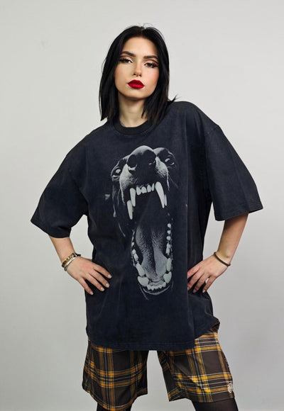 Angry dog t-shirt fang print tee retro punk top vintage grey