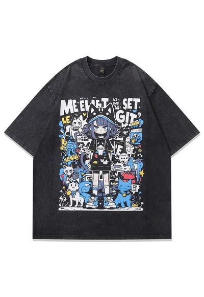 Anime t-shirt Kawaii tee Japanese cartoon top vintage grey