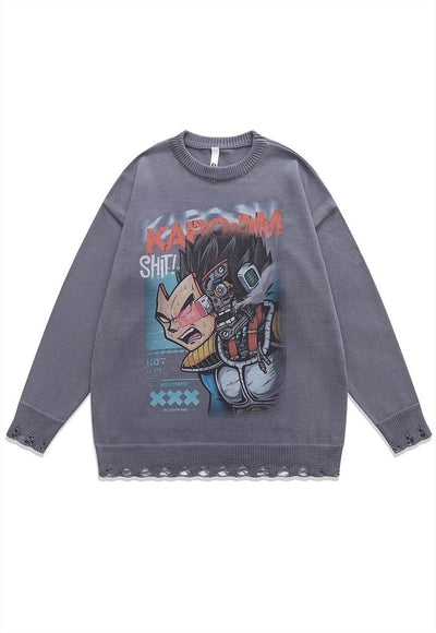 Anime sweater knit distressed jumper Dragon ball top grey