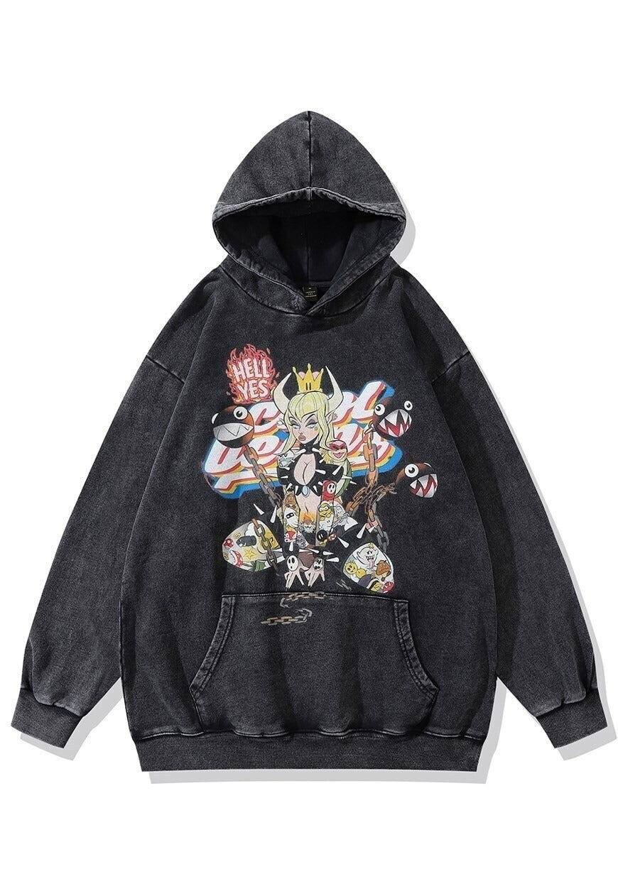 Anime print hoodie grunge pullover I-girl top in acid grey