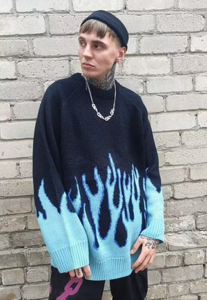 Flame print sweater fire knitted Korean jumper in black blue