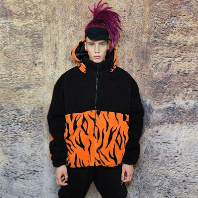 Tattoo fleece hood jacket handmade fluffy zebra bomber black