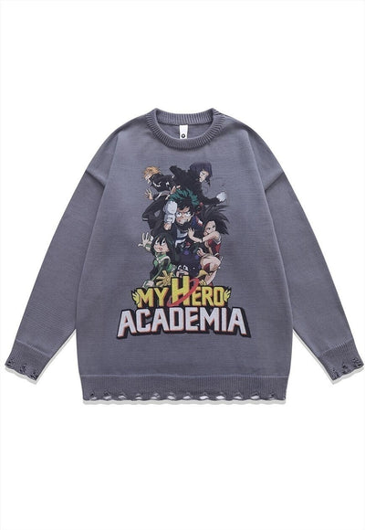 Academia sweater knitted distressed Anime print jumper grey