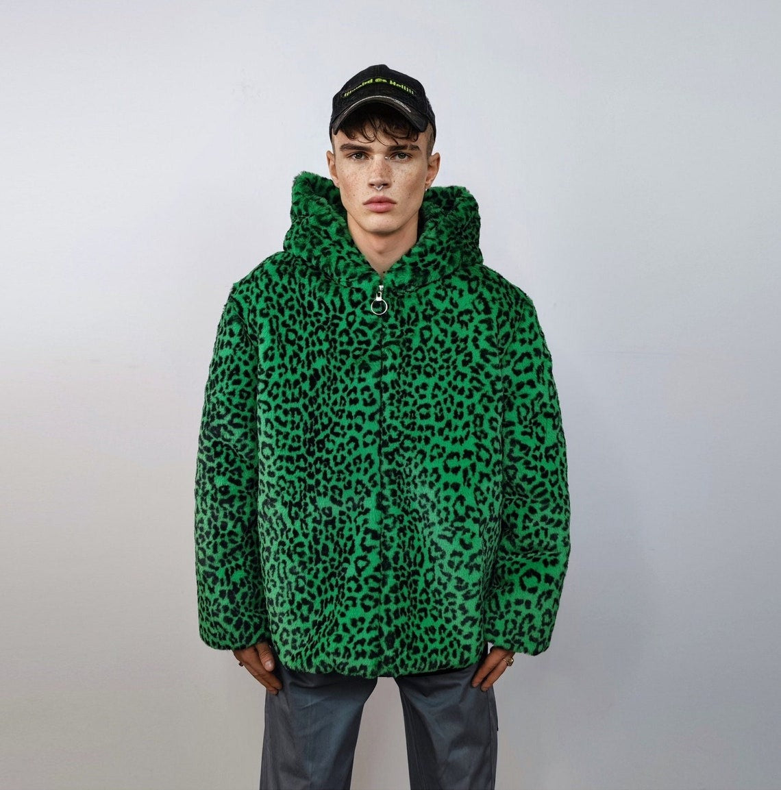 Hooded faux fur leopard jacket animal print bomber bright raver coat fluffy cheetah fleece festival puffer neon burning man overcoat green