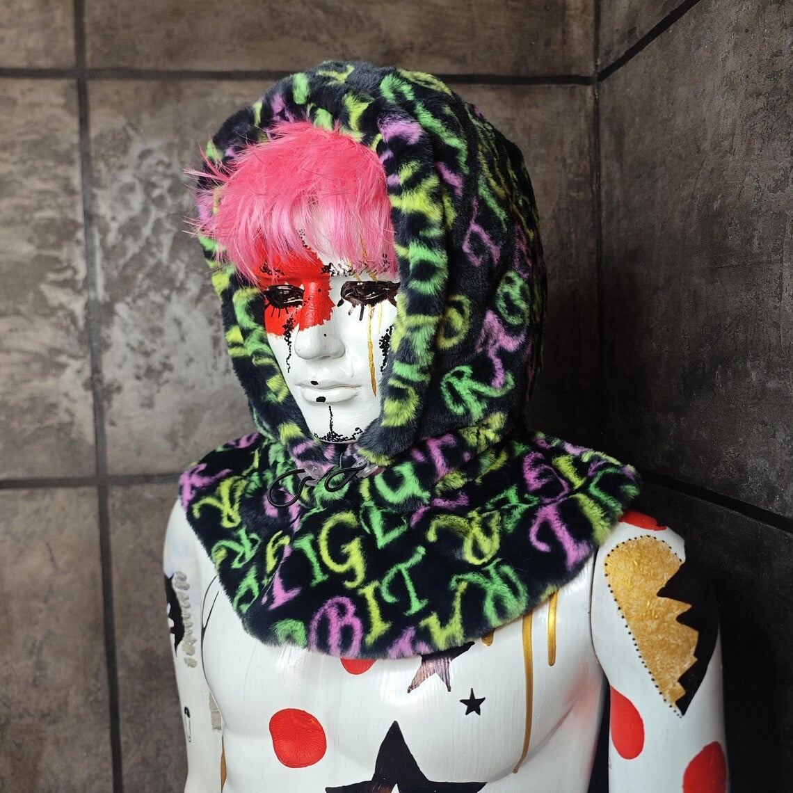 Faux fur hood letter print snood handmade hooded hat tiger slogan pattern all over fluffy fleece scarf unisex bucket grunge rabbit headwear