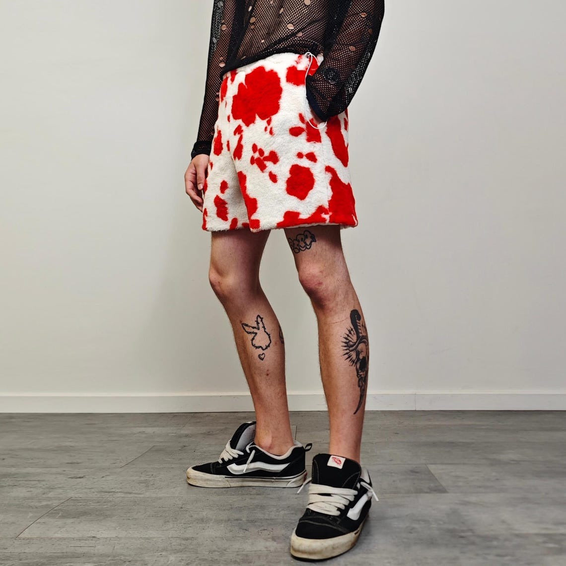 Cow shorts red white animal print bottoms going out fleece cropped trousers handmade short festival trousers fluffy spot print pants