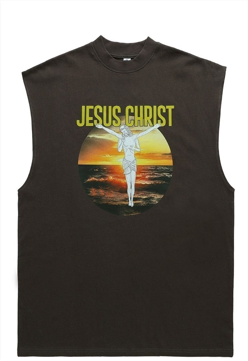 Jesus print tank top religion tee retro sleeveless vest top