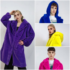 Neon fur coat raver trench multiple color fluorescent psychedelic overcoat bright bomber festival fleece jacket custom going out peacoat