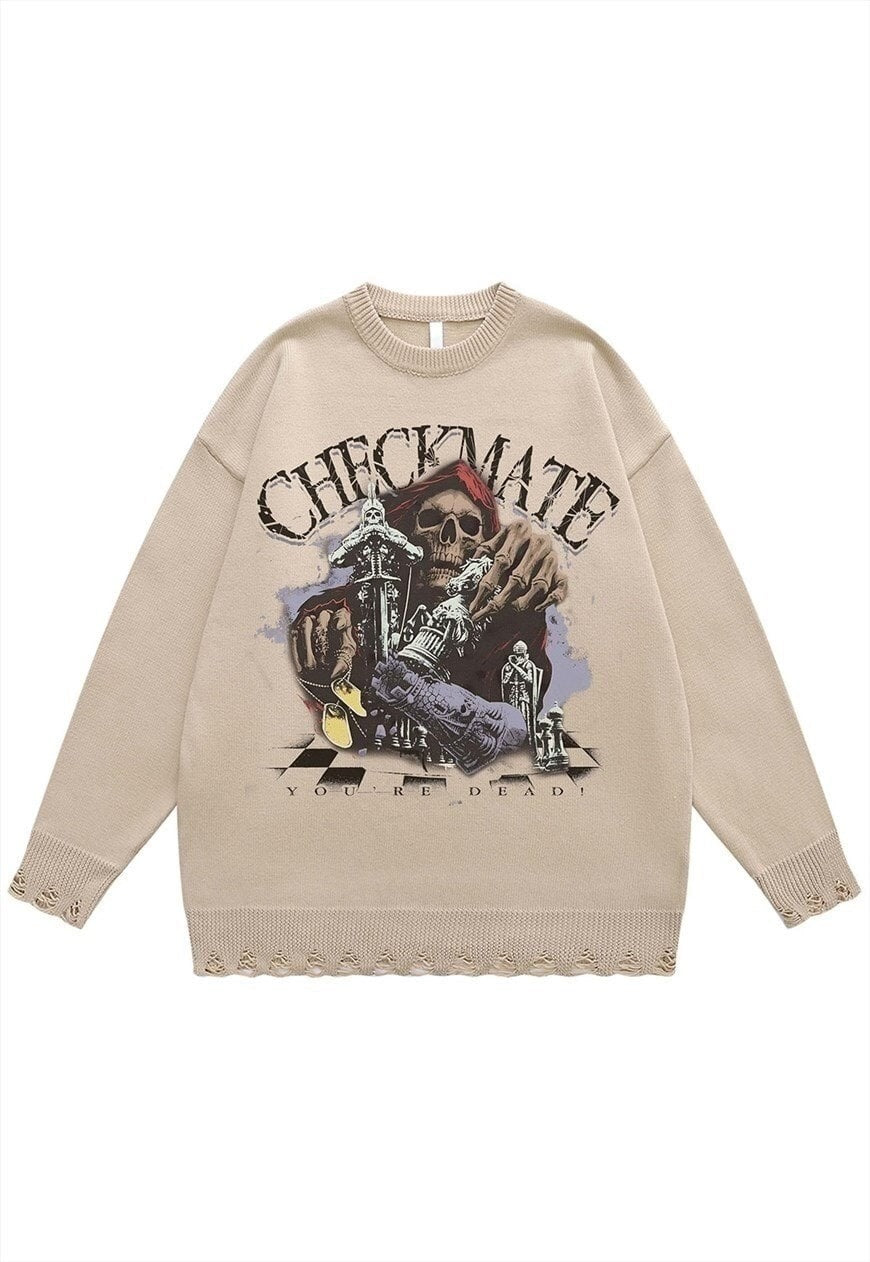 Pirate sweater skull print knit distressed jumper in beige