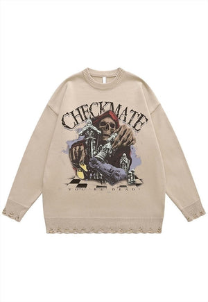 Pirate sweater skull print knit distressed jumper in beige