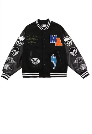 Skull varsity jacket PU leather skeleton MA-1 bomber black