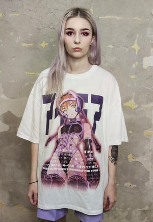 Anime print t-shirt multi slogan Korean tee in white