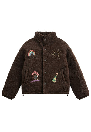 Patchwork fleece jacket brown teddy bomber fuzzy winter coat