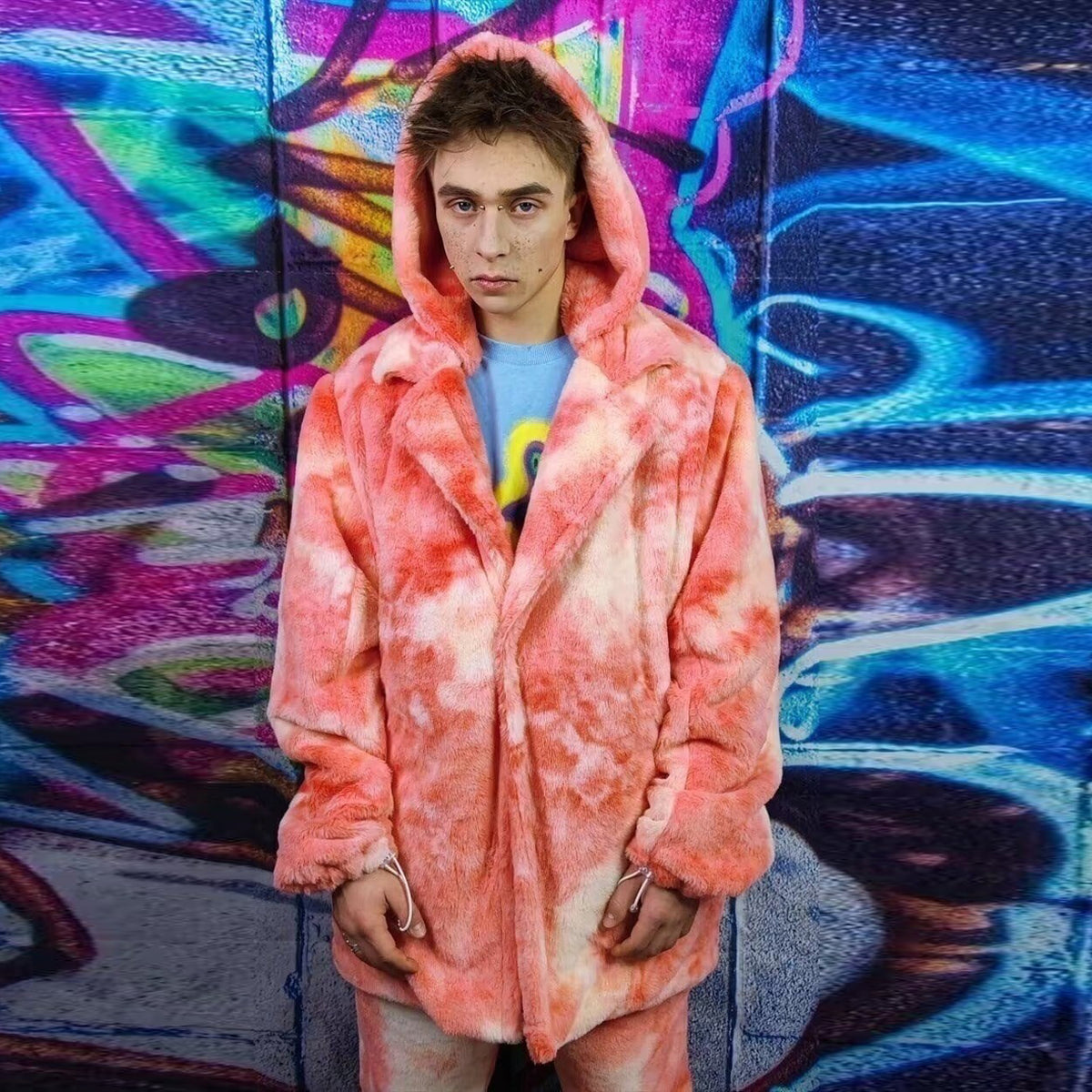 Tie-dye fleece coat handmade 2in1 hooded trench jacket red