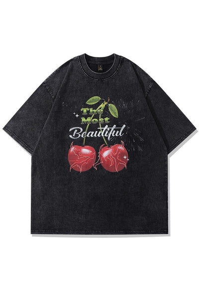 Cherry print t-shirt beautiful slogan tee retro top in grey