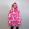 Hooded faux fur striped jacket zebra bomber neon raver coat fluffy tie-dye fleece festival puffer burning man going out overcoat red pink