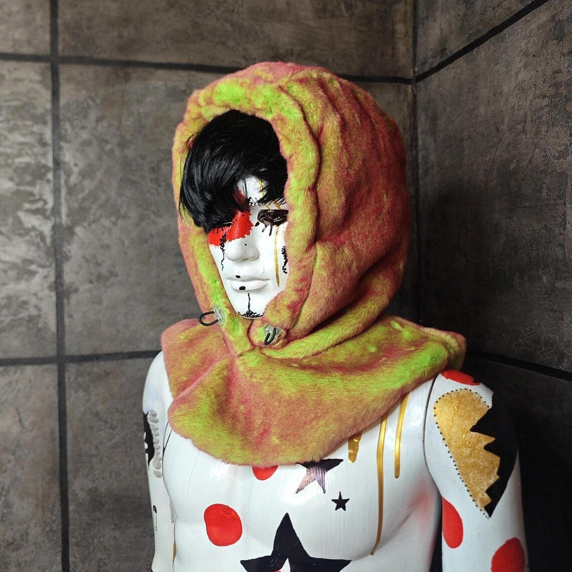 Faux fur hood orange green snood handmade hooded hat ski cap allover fluffy fleece scarf unisex bucket grunge winter festival headwear