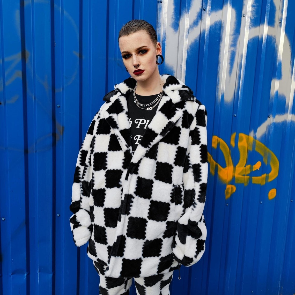 Checked trench coat faux fur white black overcoat plaid jacket SKA bomber detachable sleeves handmade rave puffer festival Coachella fleece