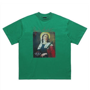 Saint print t-shirt psychedelic tee religion top in green