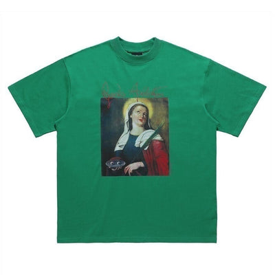 Saint print t-shirt psychedelic tee religion top in green