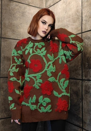 Floral applique sweater rose patch jumper flower top brown