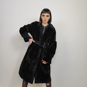 Gothic faux fur coat belted utility trench 80s inspired fluffy jacket gorpcore shaggy bomber long fleece grunge punk mac in black