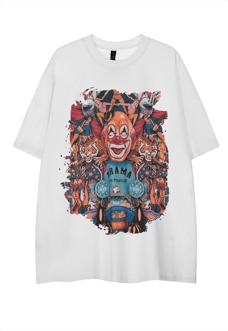 Clown print t-shirt circus tee tiger animal retro top white