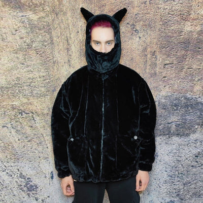 Devil horn bomber jacket reversible faux fur puffer black