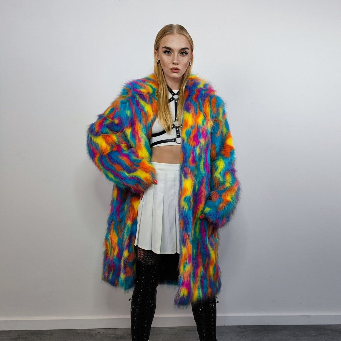 Faux fur long psychedelic coat 70s trench neon raver bomber fluffy tie-dye fleece disco festival jacket burning man going out coat blue pink