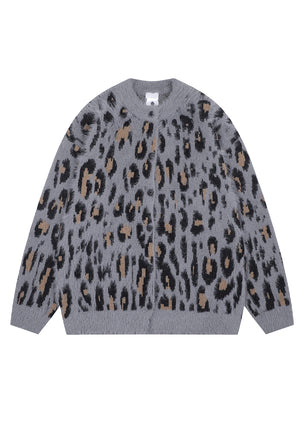 Fluffy leopard cardigan animal print fuzzy jumper in grey