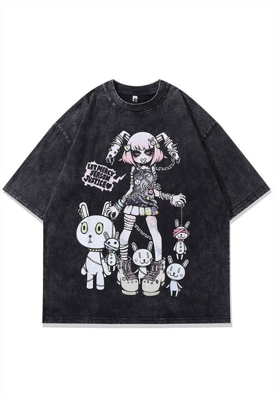 Anime girl t-shirt Japanese cartoon tee retro top acid grey