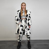 Cow coat faux fur spot pattern trench animal overcoat going out bomber detachable rave festival jacket rock and roll peacoat in white black